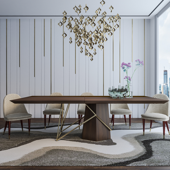 Wooden Top Dining Table with Wooden and Metal Base -