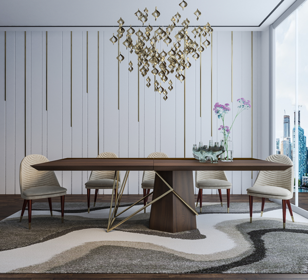 Wooden Top Dining Table with Wooden and Metal Base -
