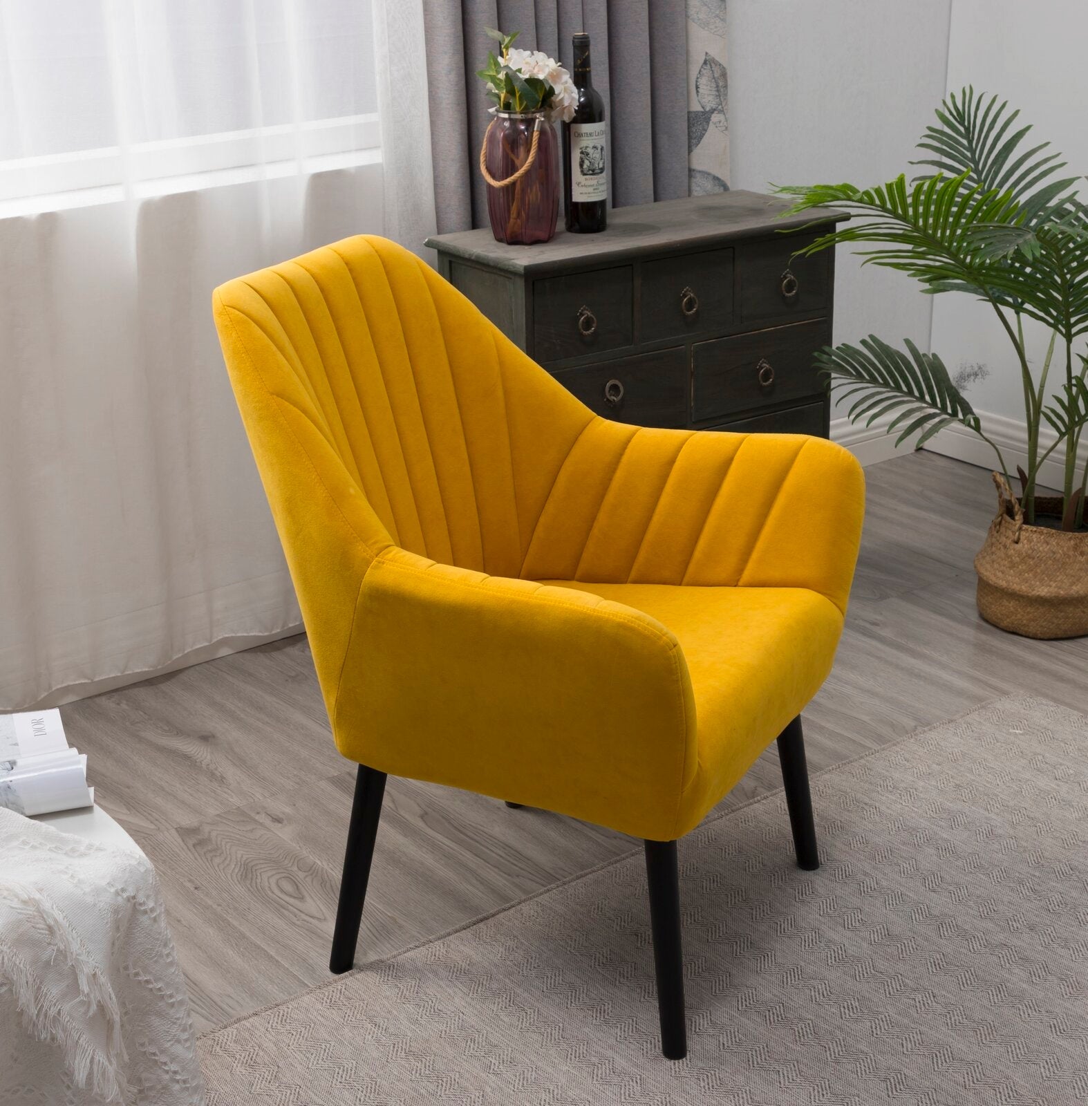 Yellow Lounge Chair with Wooden Legs in Velvet -