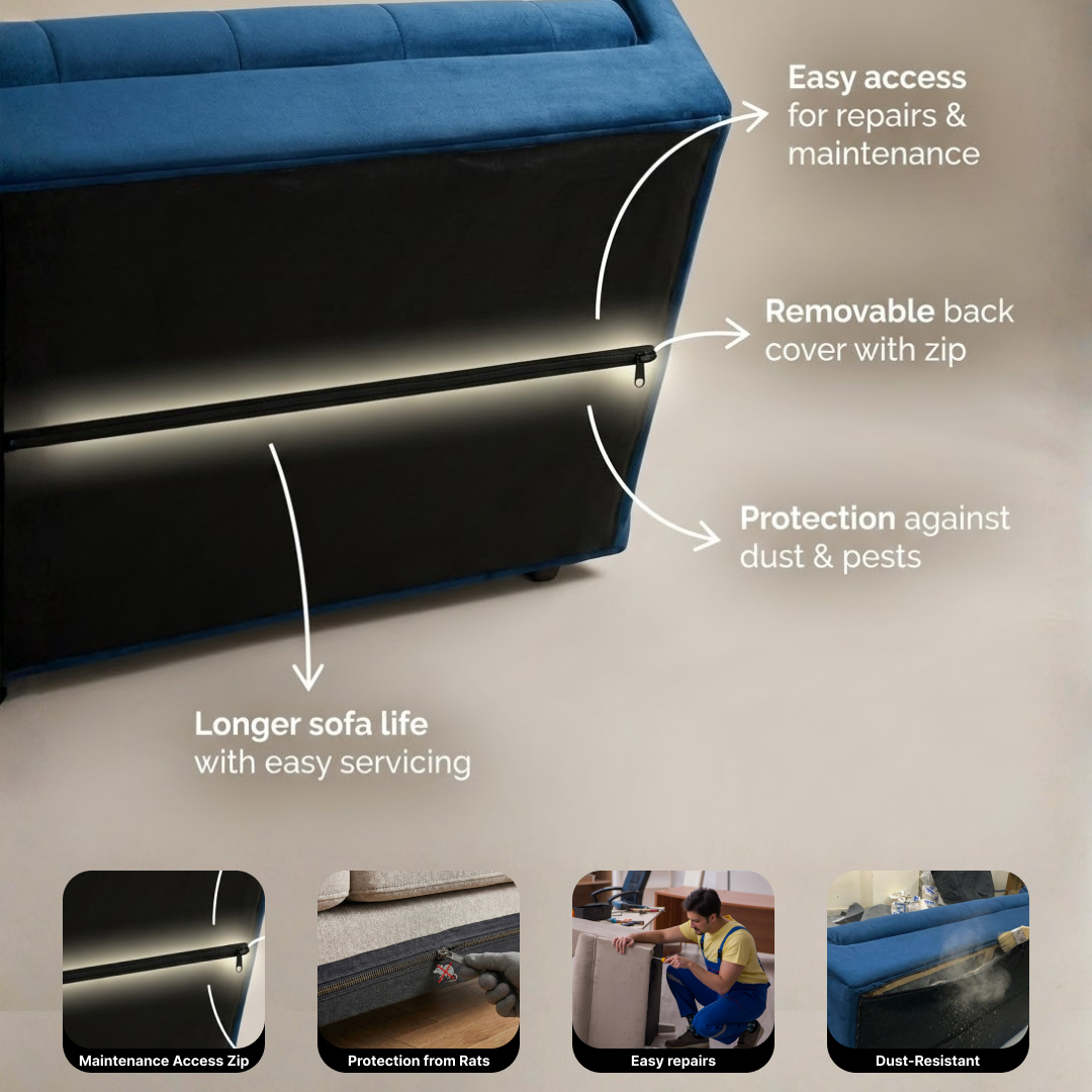 Blue sofa with features highlighted on a beige background