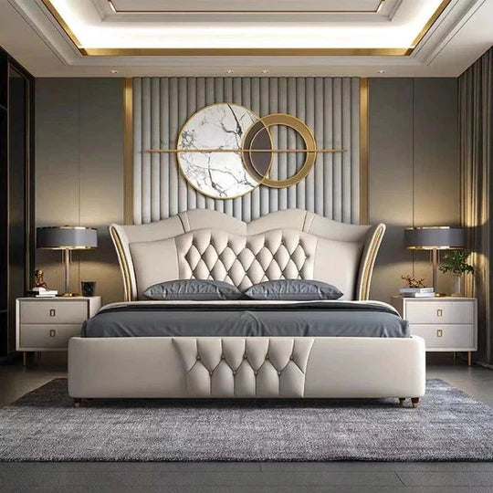 Royale Velveto Upholstered King Size Bed – Solid Wood Frame, High-Density Foam, Headboard with Neck Support, Metal Feet