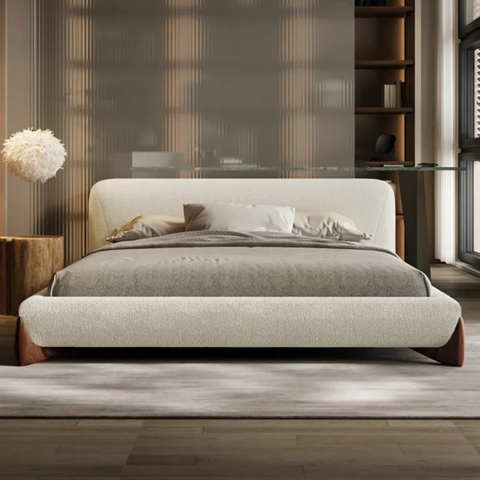 Modern White Boucle Bed – Upholstered, Plywood Frame, 36″ Headboard Height, Easy-Assembly,(Queen/King)
