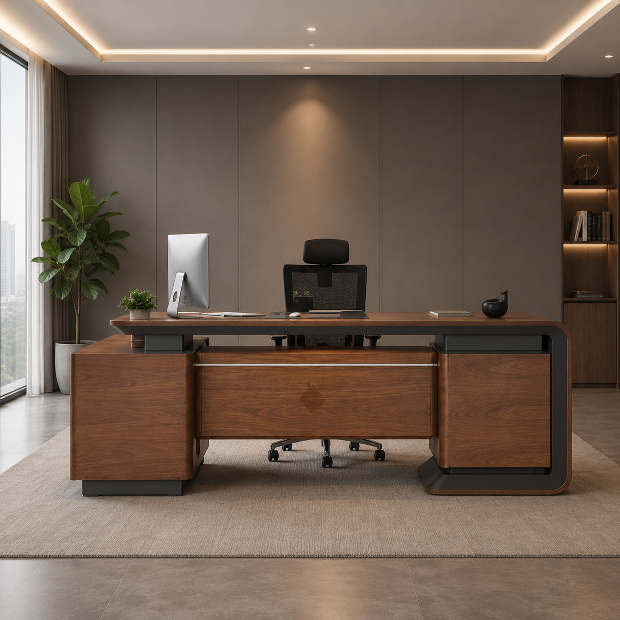Director and Executive L Shape Office Table Made Teak Wood Structure with Side Unite and Multi Drawers