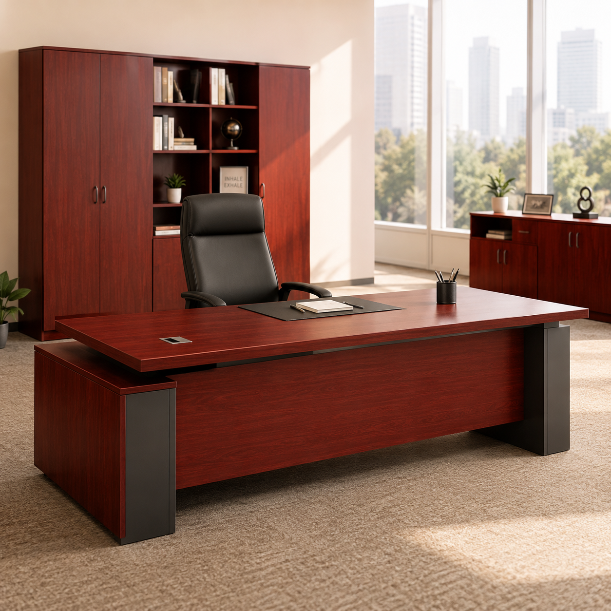 Director L-Shape Table Luxury Modern Office Desk Made in MDF with Multi Drawers and Storage & CPU Space Wheel Base - Cherry Color