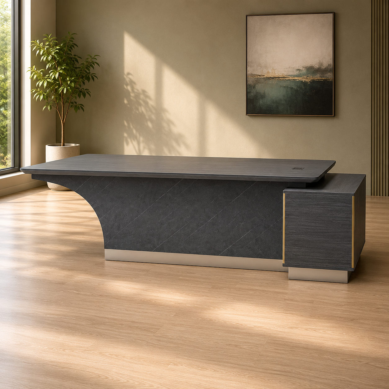 Director l-Shaped for office Table and Luxury Design Made in Ply with Veneer & Edge Banding and Brown Oak Finish