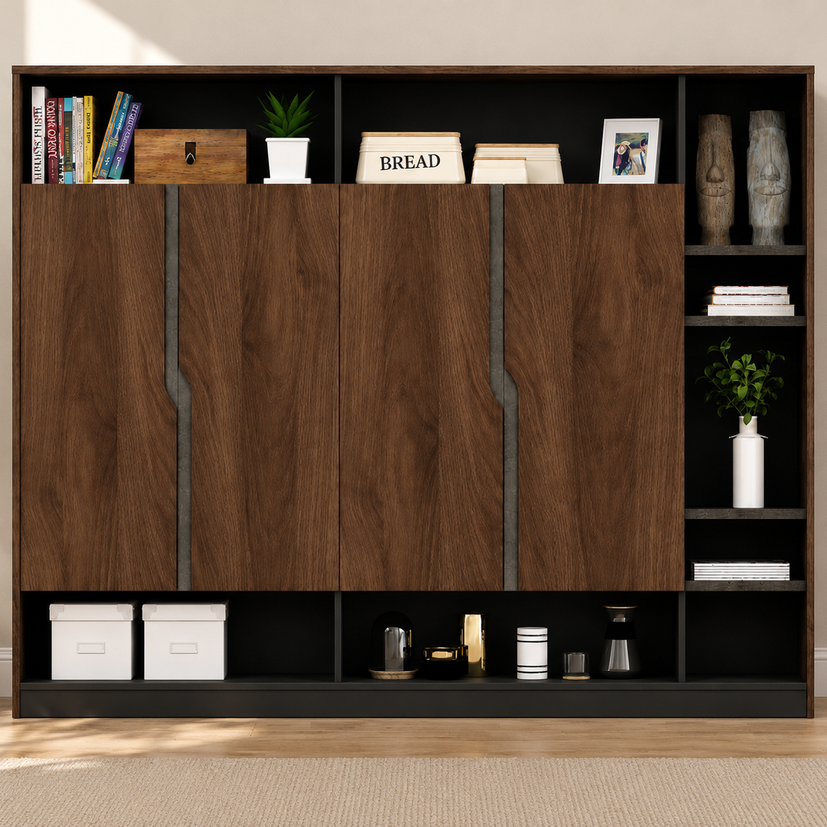 Wooden storage cabinet featuring open display shelves, concealed storage doors, and spacious compartments for organized and stylish home or office interiors.