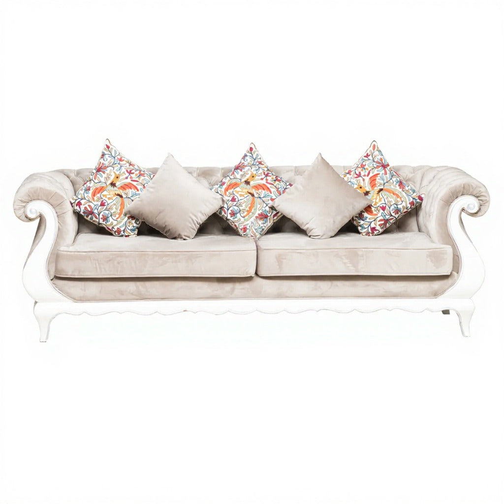 Premium 3-Seater Hand-Carved Sofa with Velvet Upholstery and White Silver Gloss Polish