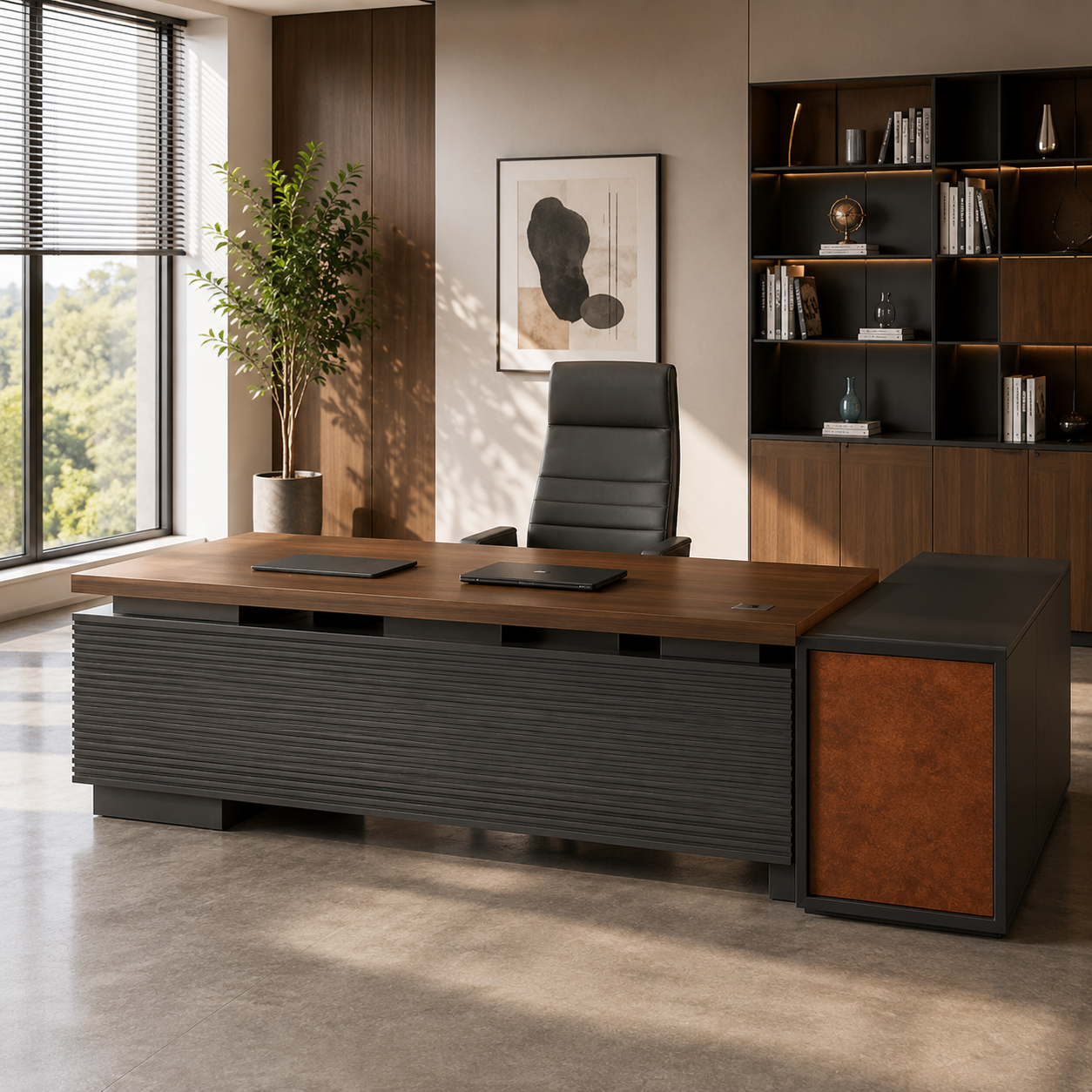 Director L-Shape Table Luxury Modern Office Desk Made in MDF with Wire Manager Side Unit and Openable Storage- Brown & Grey