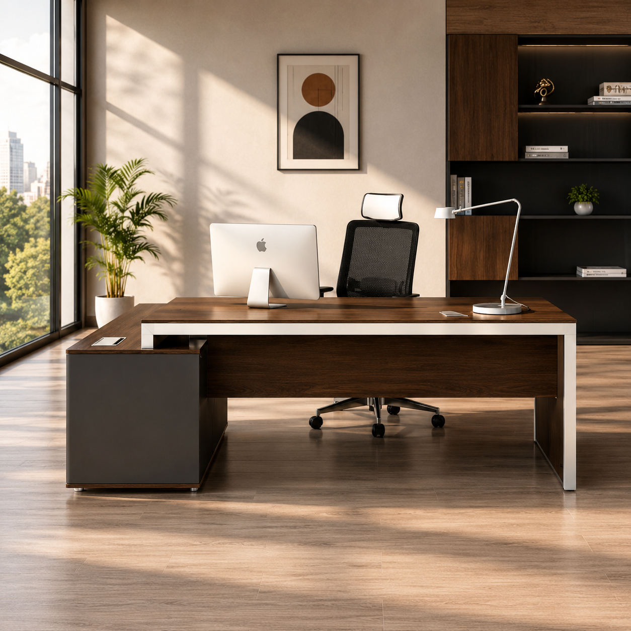 Director L-Shape Table Luxury Modern Office Desk Made in MDF with MS Metal Frame Multi Drawers and Storage & CPU Space - Walnut