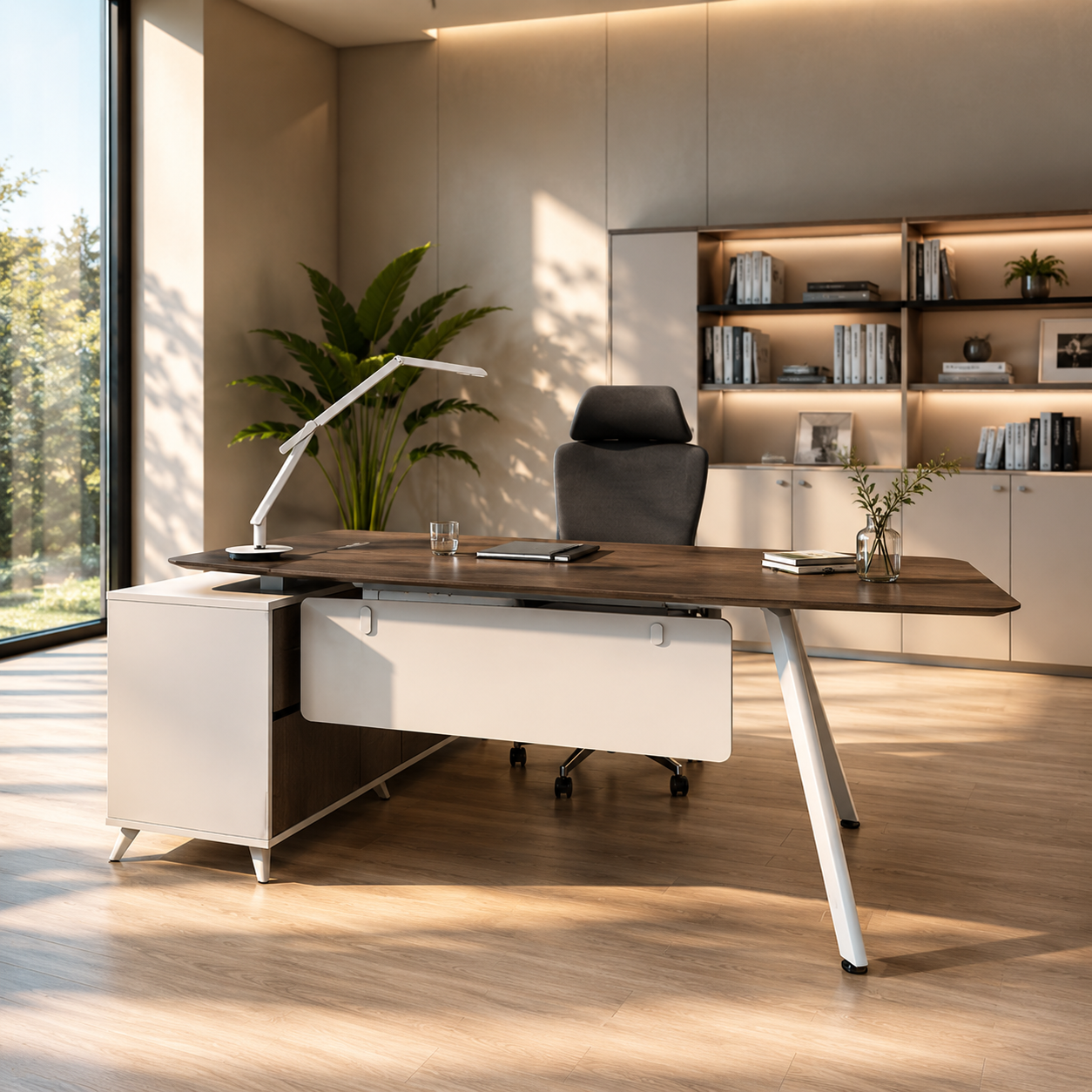 Director L-Shape Office Table Luxury Design and side unit Ergonomic Curved Top and Wire Manager & Metal Legs