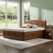 किंग साइज़ लकड़ी का बिस्तर स्टाइलिश और विशाल डिज़ाइन उच्च गुणवत्ता वाले ठोस लकड़ी के फ्रेम के साथ हाइड्रोलिक स्टोरेज और प्रीमियम मेलामाइन पॉलिश फिनिश - टिकाऊ और सुरुचिपूर्ण