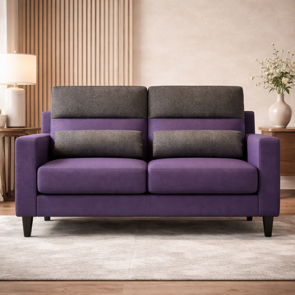 फ़ैब्रिक अपहोल्स्ट्री और प्राकृतिक लकड़ी की पॉलिश के साथ 2 सीटर लकड़ी का सोफा - सुरुचिपूर्ण और कॉम्पैक्ट डिज़ाइन - ग्रे