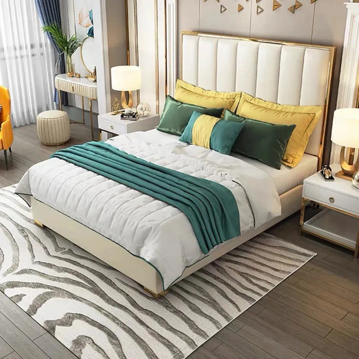 Modern Faux Leather Upholstered Bed – Teakwood & Plywood Frame, 54″ High Headboard