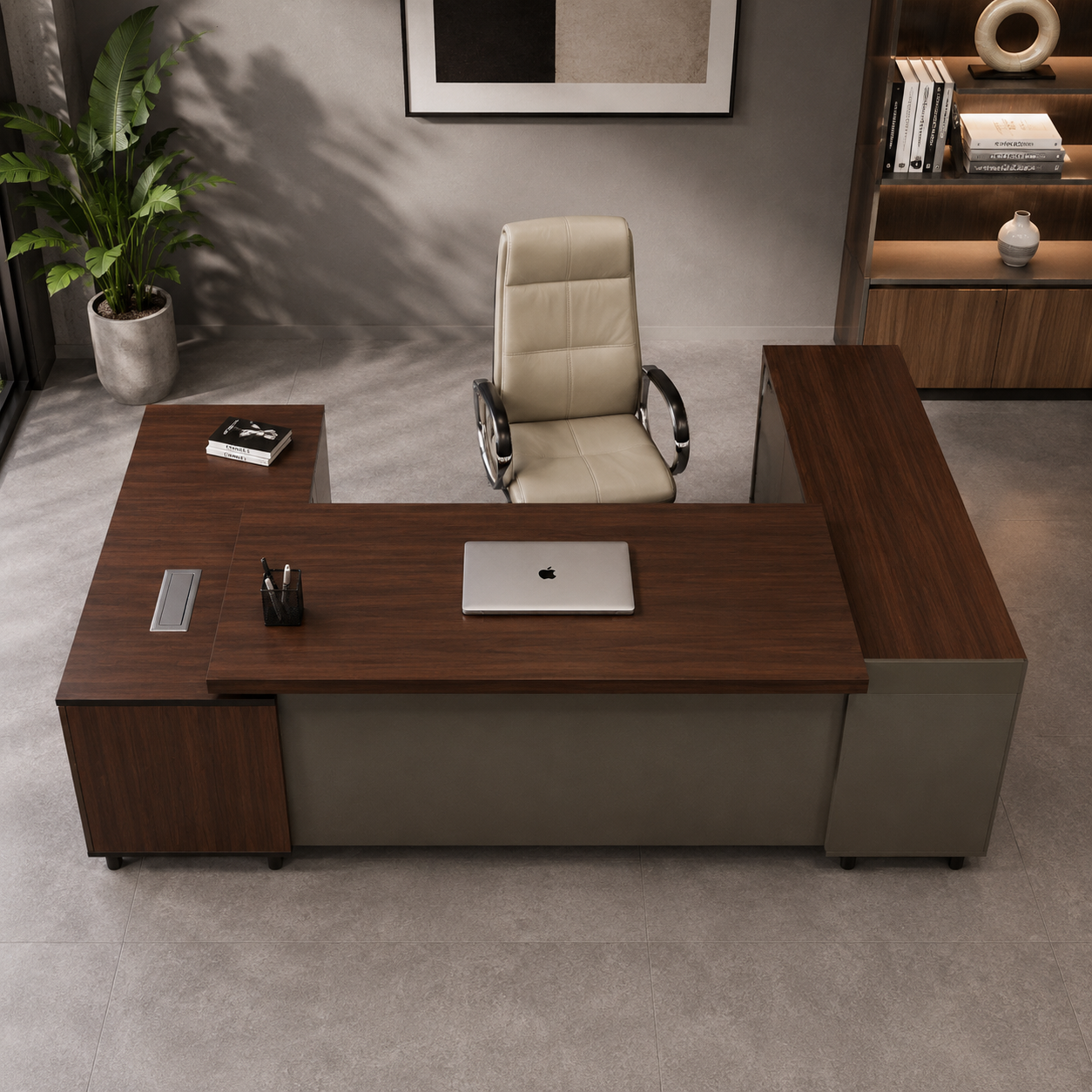 Director and Executive L Shape Office Table Made Particle Board with Side Unite and Drawers & CPU Space- Brown Color