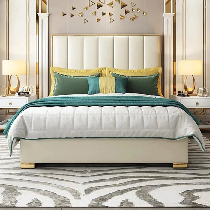 Modern Faux Leather Upholstered Bed – Teakwood & Plywood Frame, 54″ High Headboard