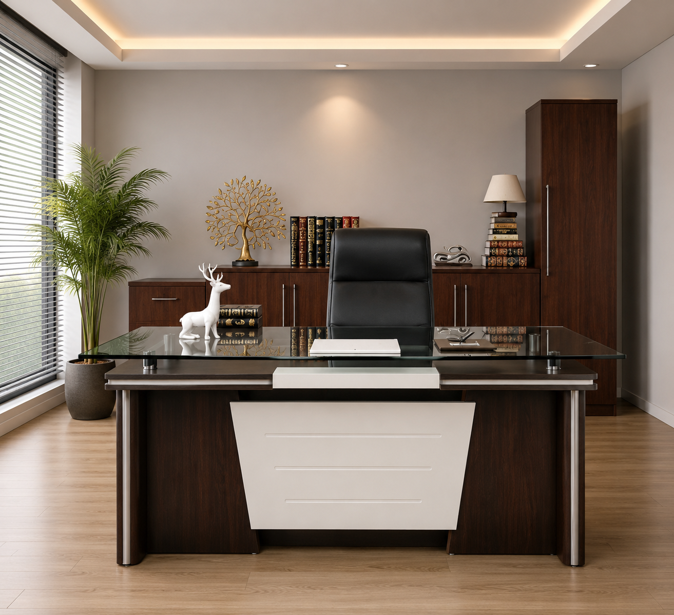 Executive Table Made In Particle Board with Glass Top - Wenge Brown