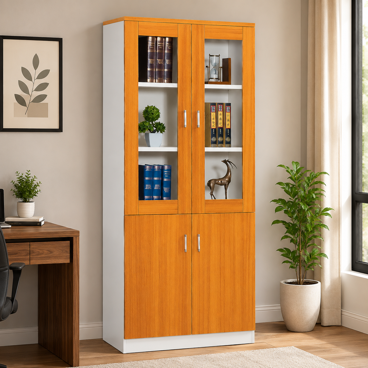 Wall Filing Cabinet with 4 Glass Doors & Storage Compartments – Wooden Finish