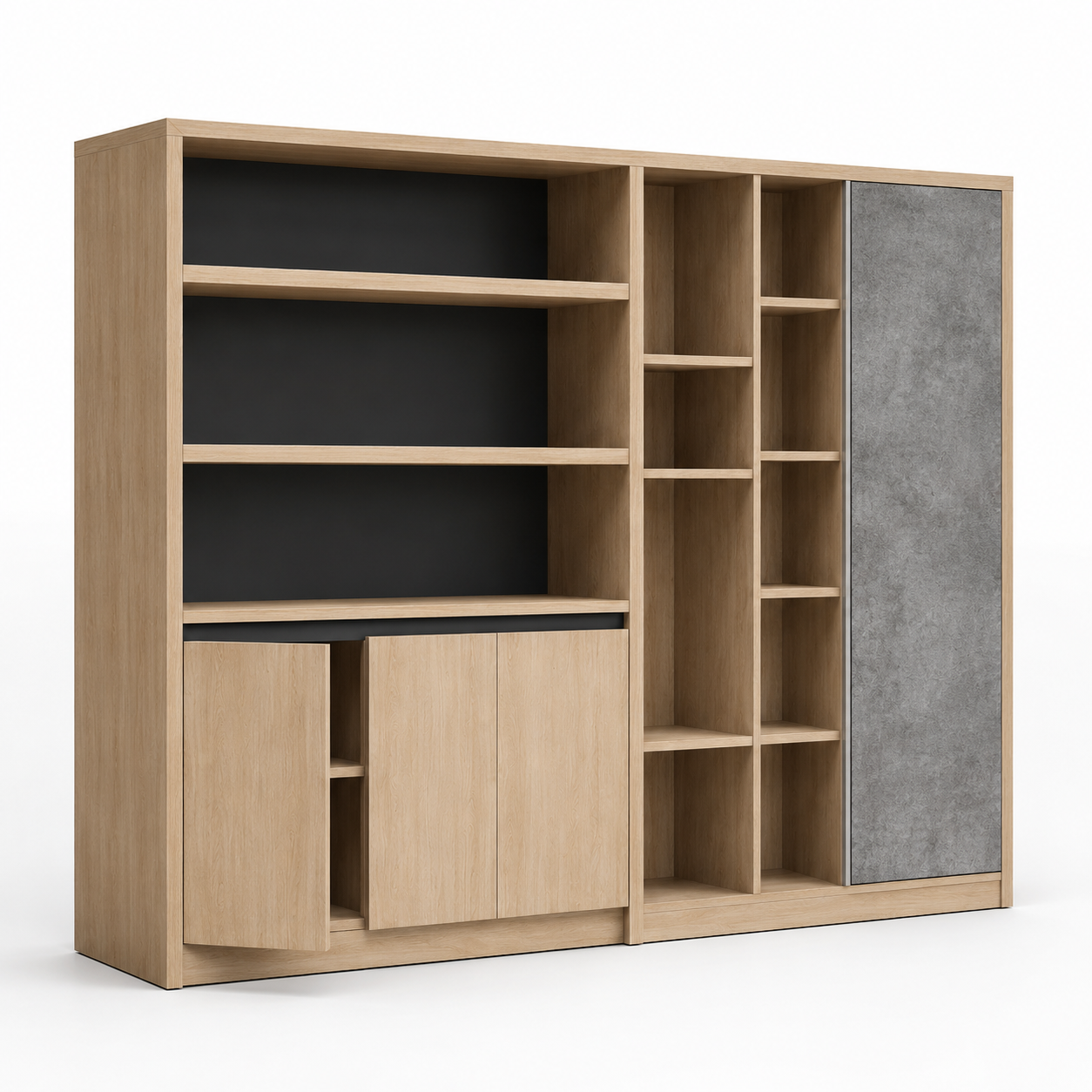 Modern Industrial Bookshelf & Storage Cabinet with Grey Concrete Texture Sliding Door, Open Display Shelves, and Light Oak Wood Grain Finish in Premium MDF