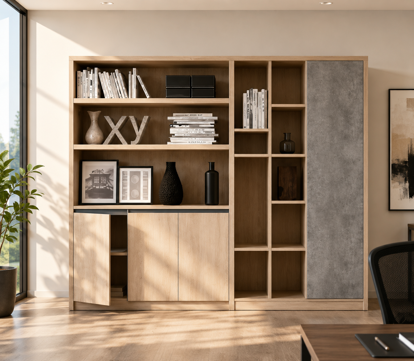 Modern Industrial Bookshelf & Storage Cabinet with Grey Concrete Texture Sliding Door, Open Display Shelves, and Light Oak Wood Grain Finish in Premium MDF