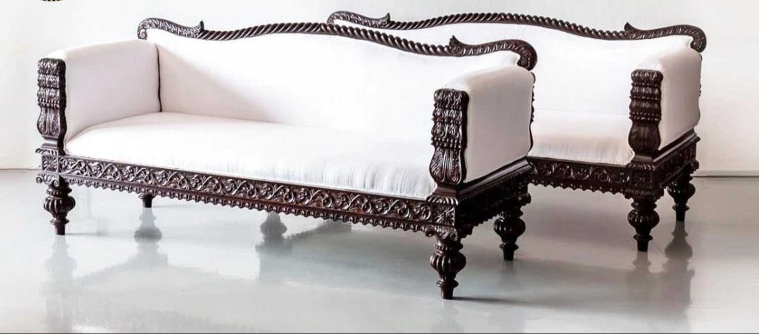 Antique Wooden Carved Sofa Set in Sheesham Wood with Teak Finish Elegance for Classic Living Room
