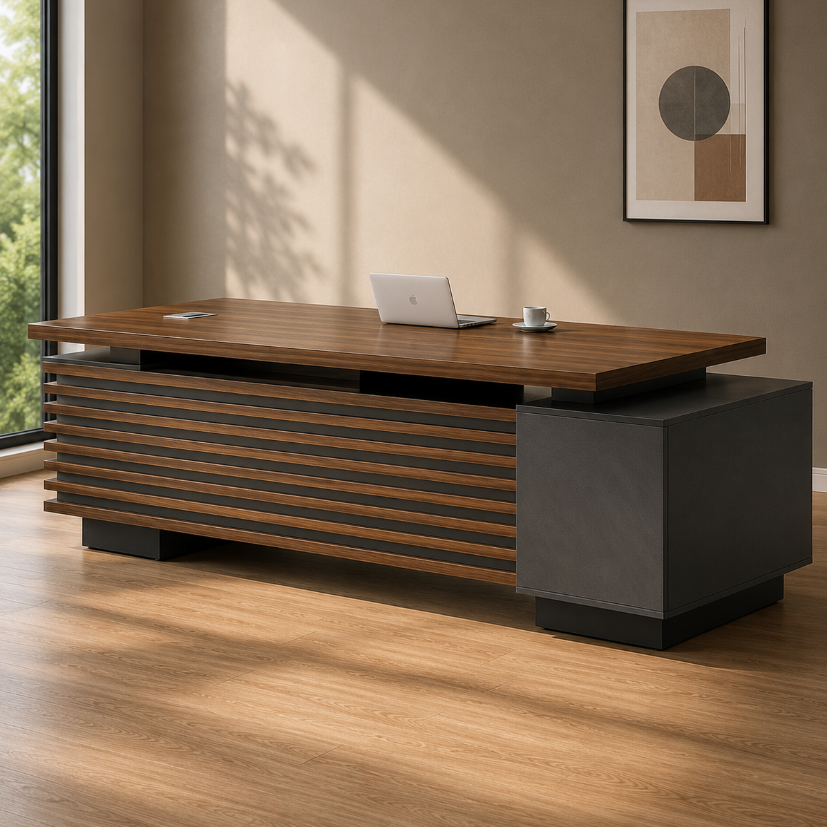Director and Executive L-Shape Office Table Made in Particle Board with Side Unit Storage & Drawer, Wire Manager & CPU Storage - Brown