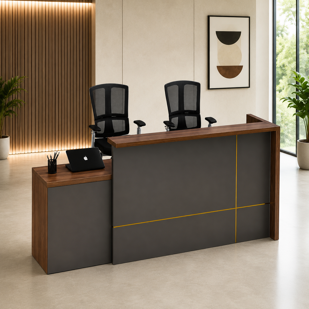 Regal Reception Counter, with a Grand, Statement-Making Look, Featuring Brass Strip Detailing And Cable Management, in Grey Finish. Sleek, modern And durable.