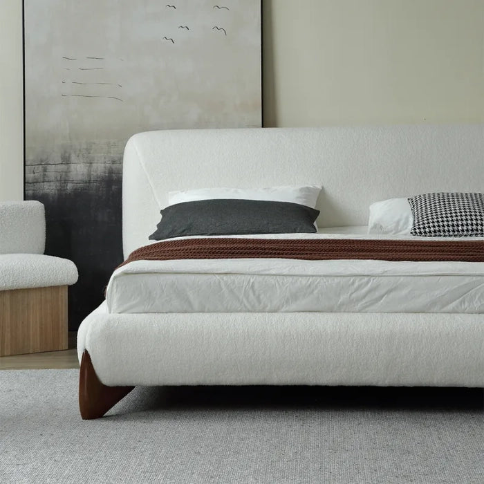 Modern White Boucle Bed – Upholstered, Plywood Frame, 36″ Headboard Height, Easy-Assembly,(Queen/King)
