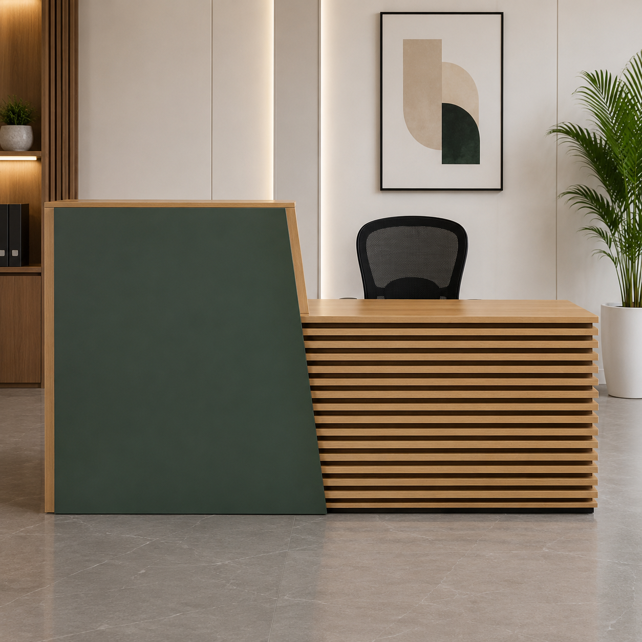 Modern Reception Counter, in a Bold, Distinguished Style, Featuring Modesty Panel And Keyboard Tray, for a Sophisticated Office or Hotel Front Desk Setup.