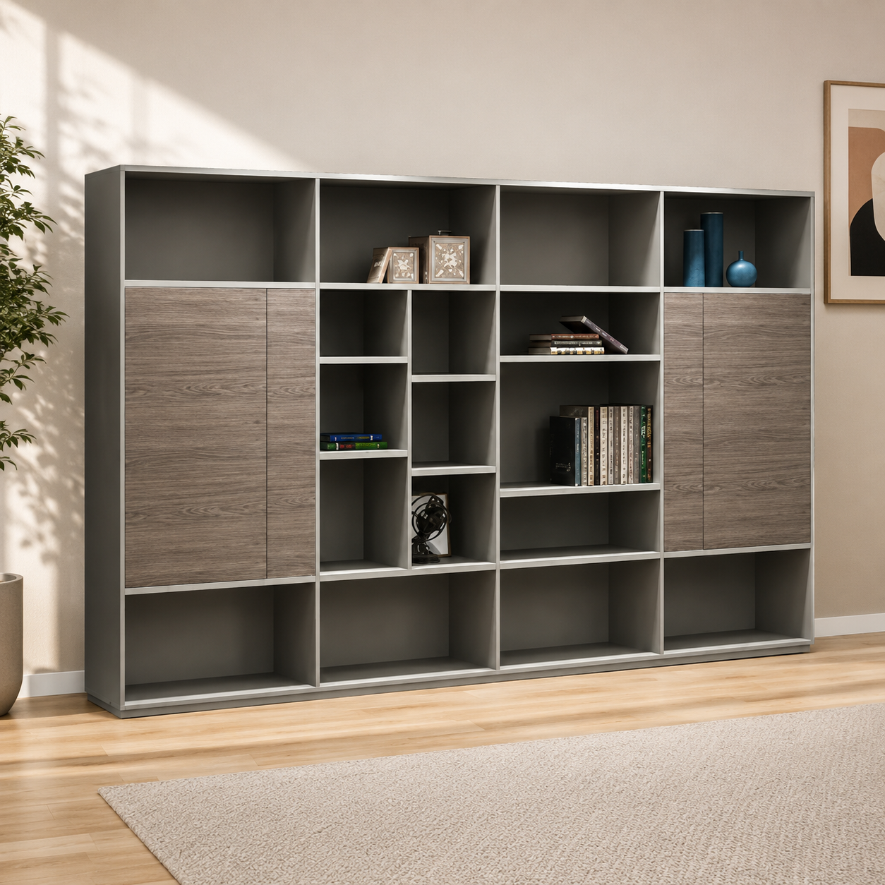 Grand Executive Office Wall Storage System with Multi-Tier Open Display Library Shelves, and Modern Minimalist Frame in Premium Wood Grain and Grey MDF