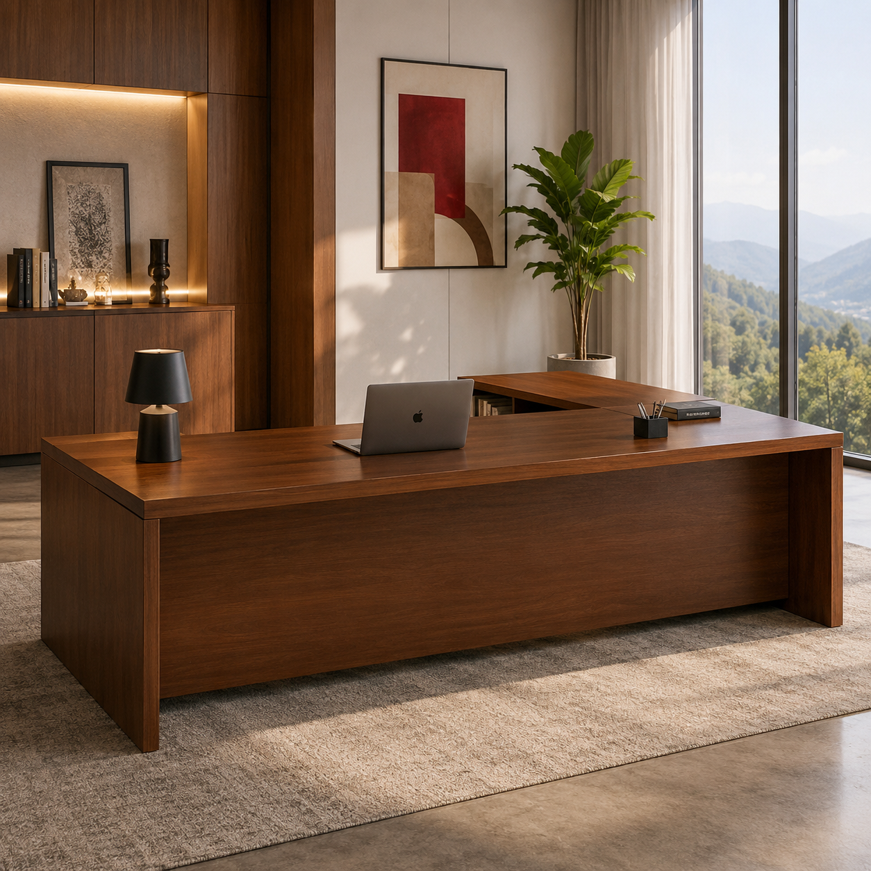 Director L-Shape Table Luxury Modern Office Desk Made in MDF with Multi Drawers and Storage & CPU Space - Brown Color