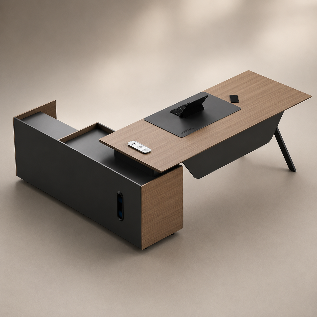 Contemporary Executive Office Desk with Side Return Organizer , Lockable Drawers, Cable Management and Modern Workspace Design