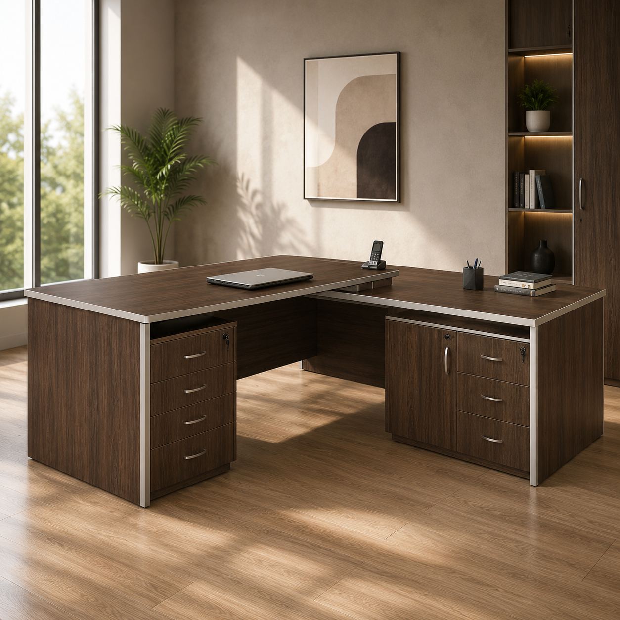 Director & Executive L-Shape Office Table Modern Desk Made in MDF with Side Drawer, CPU Storage & Wire Manager - Brown