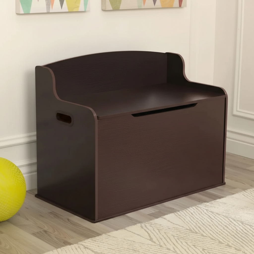 Modern Kids Wooden Storage Bookcase Bench with Spacious Internal Compartment, Dark Brown Finish Children’s Toy and Book Organizer, Kids Room Storage Unit for Bedroom and Playroom