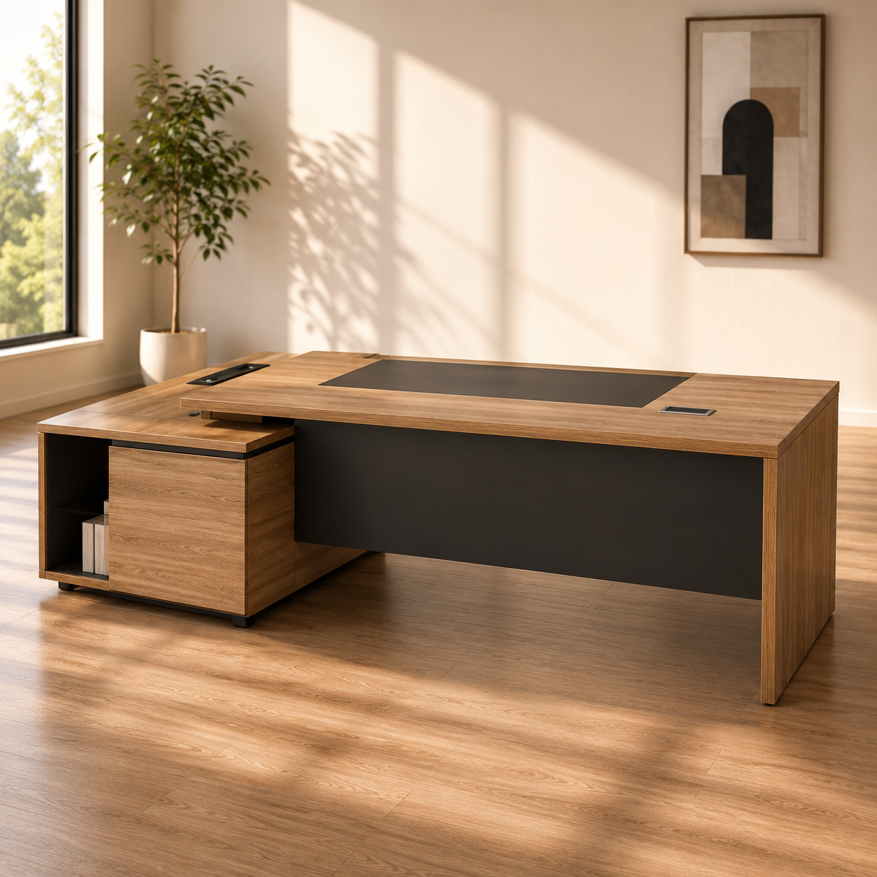 Luxury Director L-Shape Office Table and Side Unit with Side Unit , Wire Management, and Charcoal Black Panel