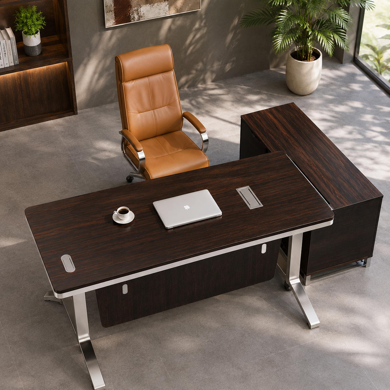Director and Executive L Shape Office Table Made Particle Board with Side Unite and Drawers & Metal Legs Base