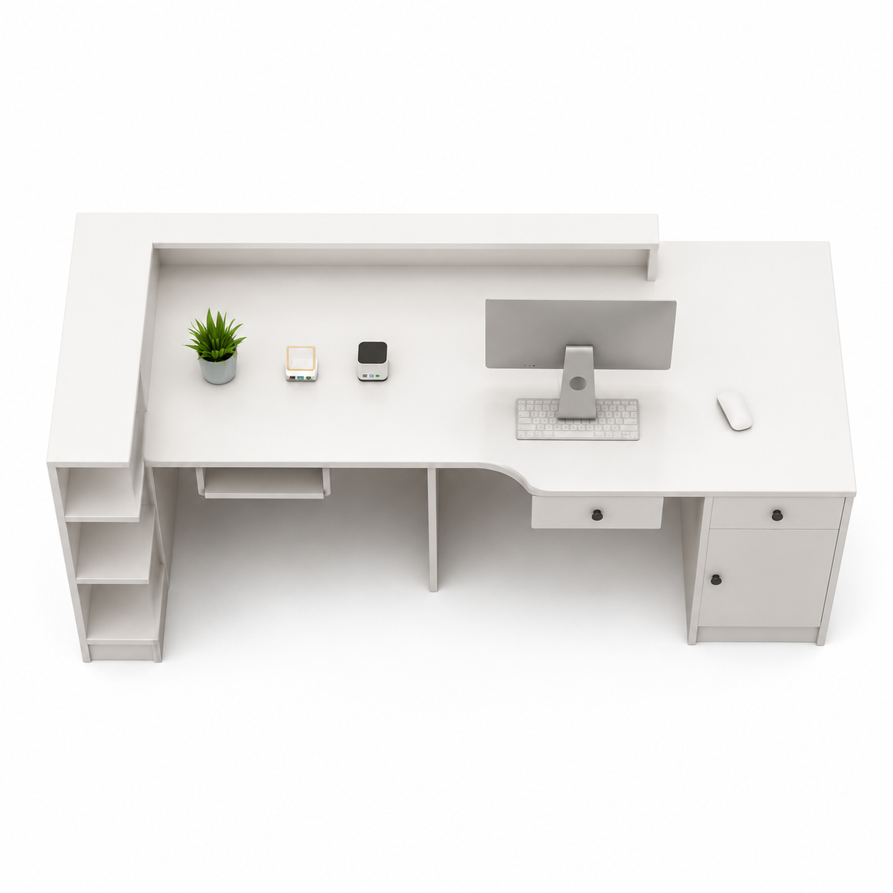 Modern Curved Reception Desk with Storage for Office, Salon, Clinic, Hotel, Studio, Showroom & Commercial Reception Counter Table Design