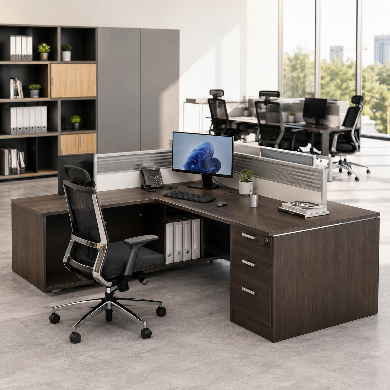 Director L-Shape Table Luxury Modern Office Desk Made in Plywood with MS Metal Alloy Frame Multi Drawers and Storage & CPU Space - Dark Oak