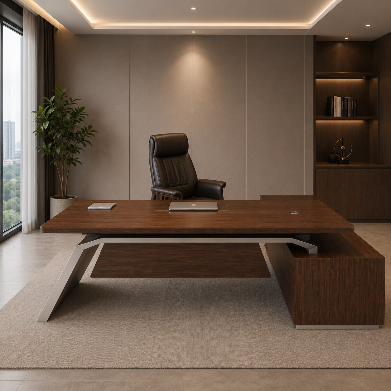 Luxury Director and Executive L Shape Office Table Made Particle Board with  Wire Manger Side Unite and Multi Drawers CPC Space  - Brown Color