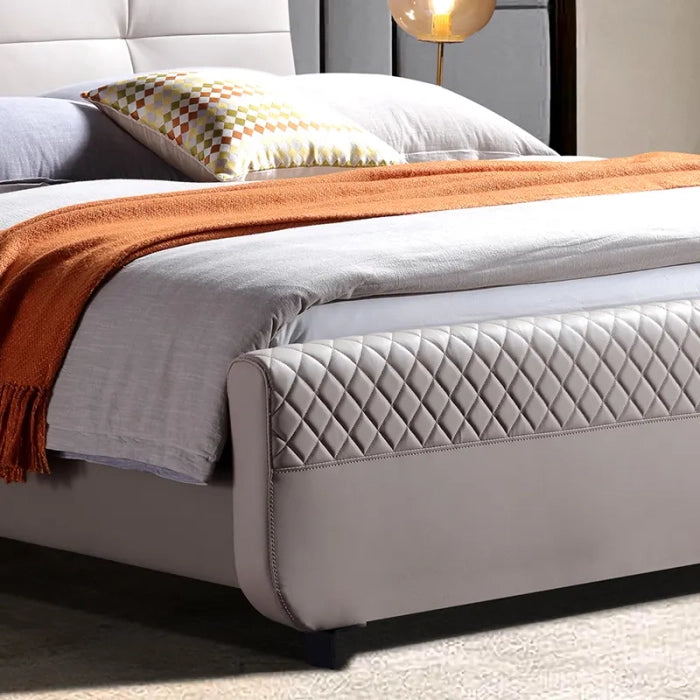 Modern Designer Upholstered Bed – Headboard, Teakwood & Plywood Base, Premium Fabric