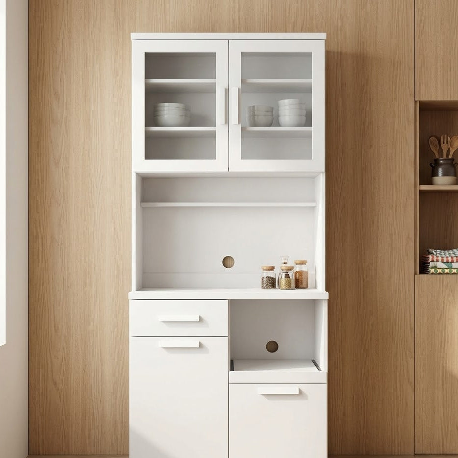 Modern White Kitchen Hutch Storage Cabinet with Glass Display Doors, Integrated Microwave Nook, Utility Drawers, and Cable Management Ports for Home and Dining