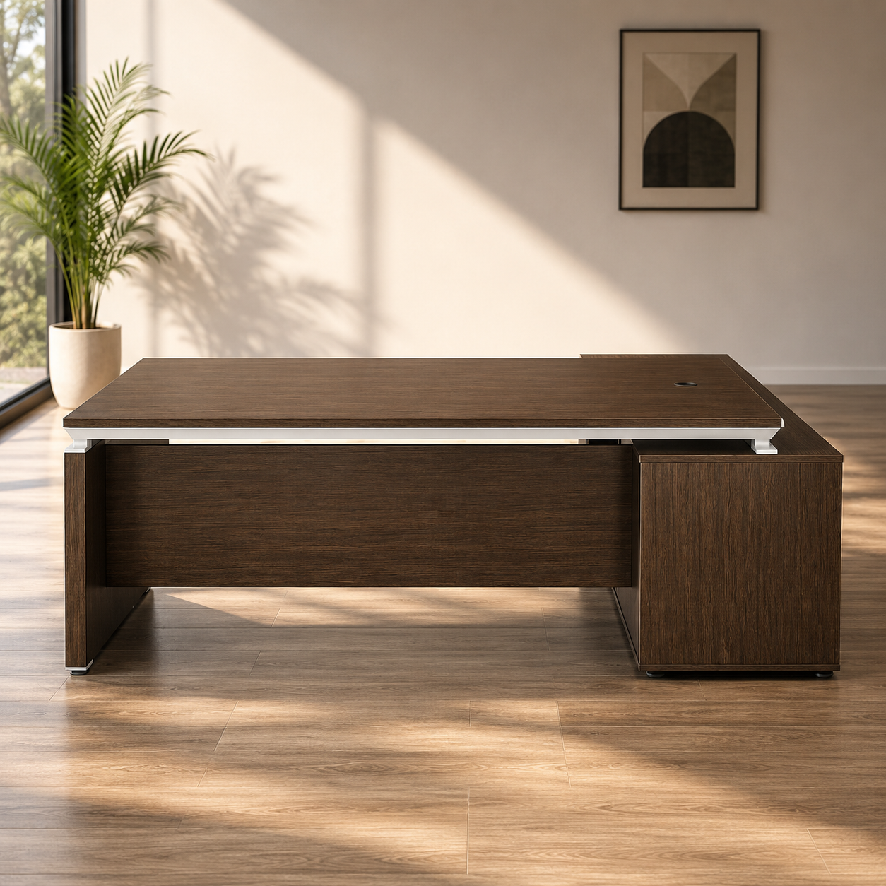 L-Shape Director Table Luxury Modern Office Desk with Made in Particle Board/ MDF/Plywood and Dark Oak Veneer Wire Management