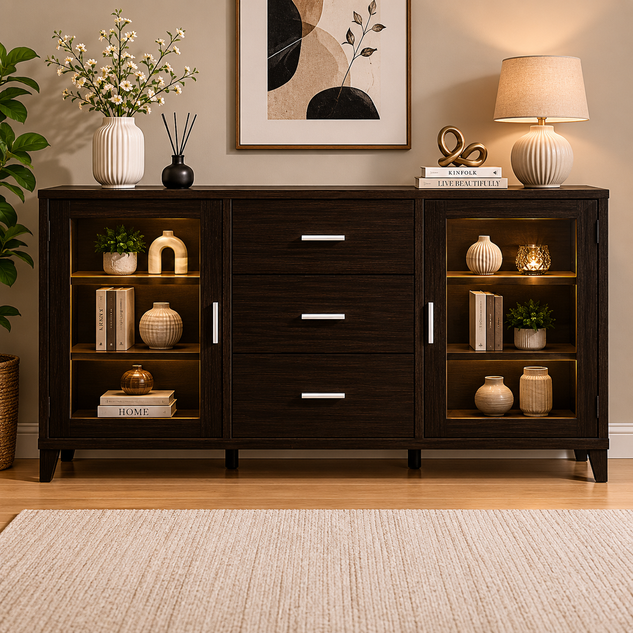 Modern dark wood TV stand featuring glass door cabinets, spacious drawers, and adjustable shelves