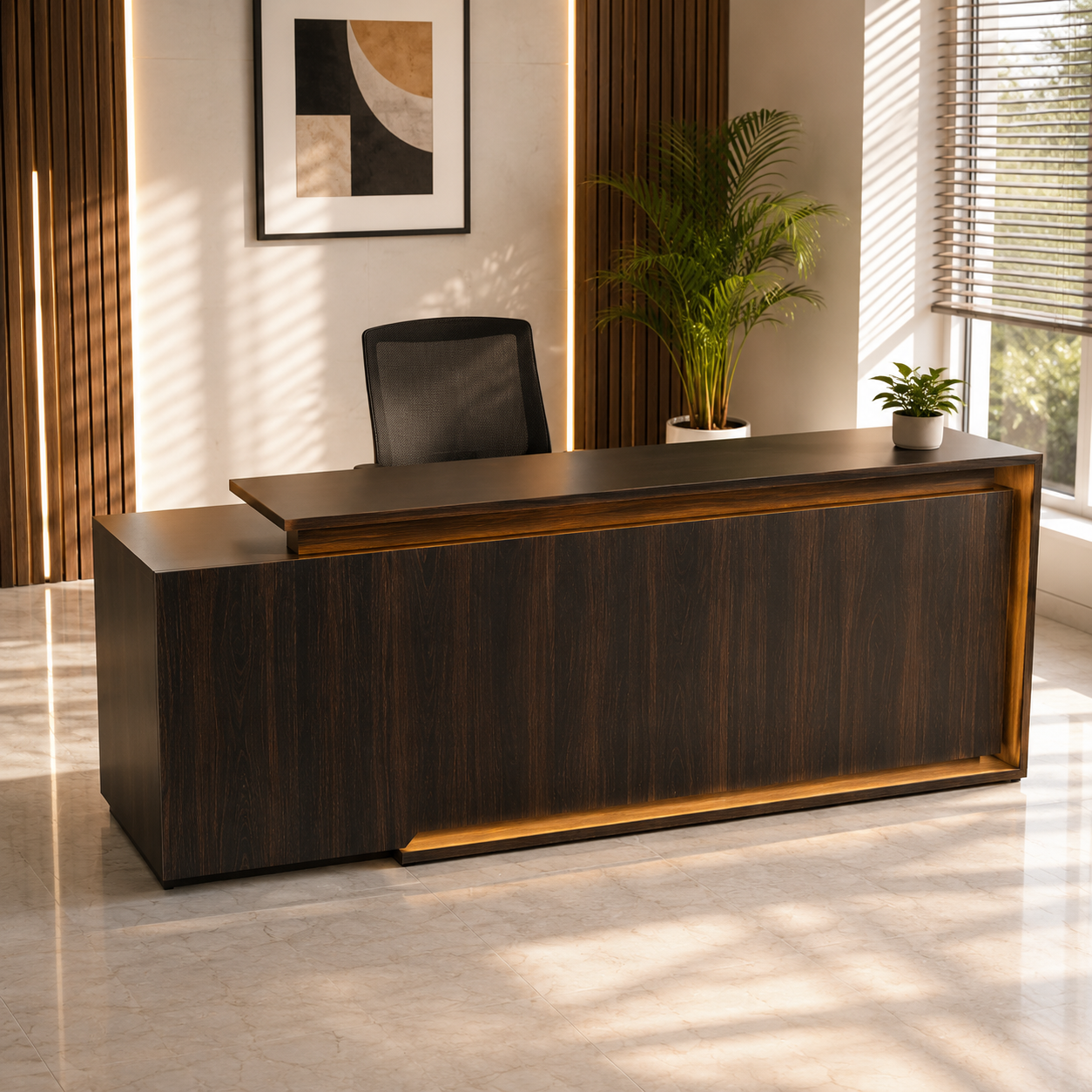 Director and Executive L Shape Office Table Made Particle Board with Side Unite and Drawers- WengeBrown