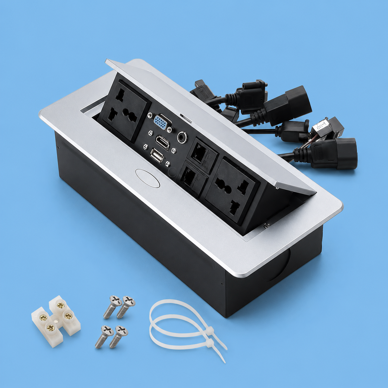 Hidden Desktop Connectivity Box for Conference Tables – Silver Soft-Open Power Strip with Multimedia Ports