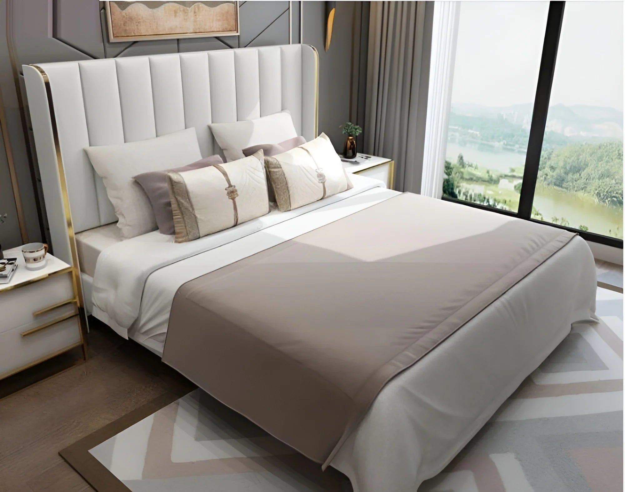 Grand Royal King Size Upholstered Bed in Ivory/Grey Velvet with Vertical Channel Tufted High-Back Headboard, and Optional Hydraulic Storage