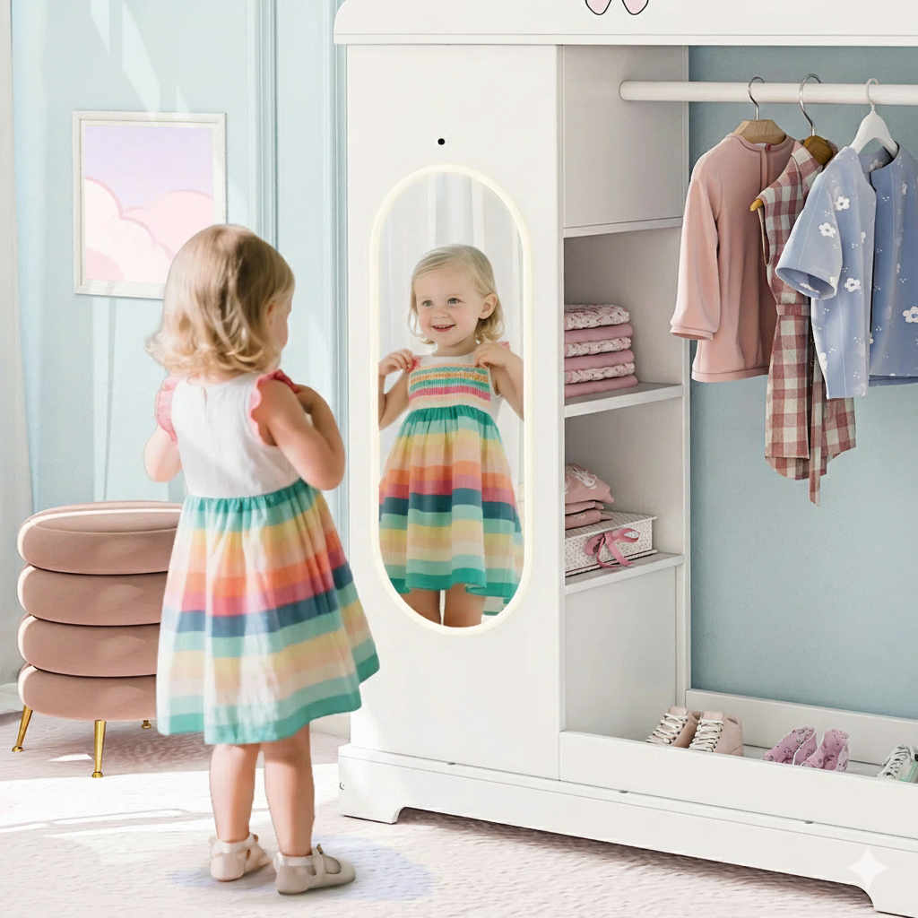 White Kids Wardrobe with Full-Length Mirror, Hanging Rod and Open Shelves - Modern Storage Cabinet for Girls Bedroom