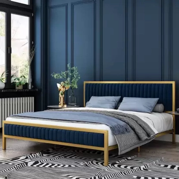 Luxury Velvet Bed with Metal Frame – Elegant High Upholstered Headboard, Modern & Sleek Design
