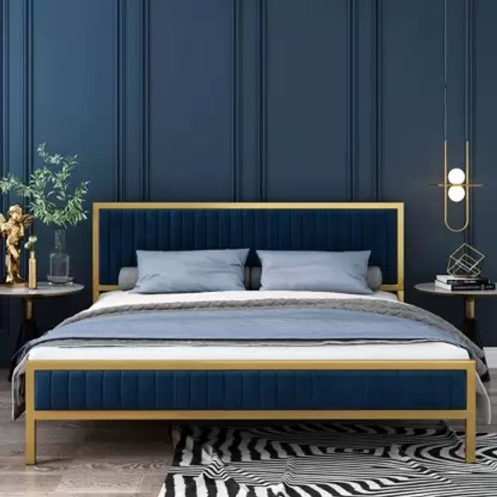 Luxury Velvet Bed with Metal Frame – Elegant High Upholstered Headboard, Modern & Sleek Design