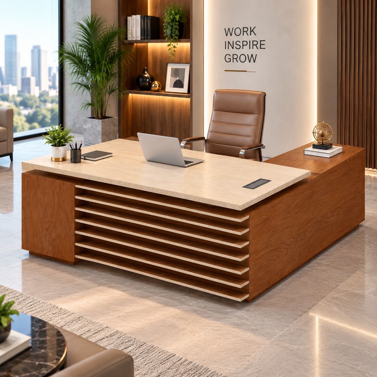 Director L-Shape Office Table Luxury Desk Made in Particle Board with Drawer, Integrated Cable Management, and CPU Storage - Brown