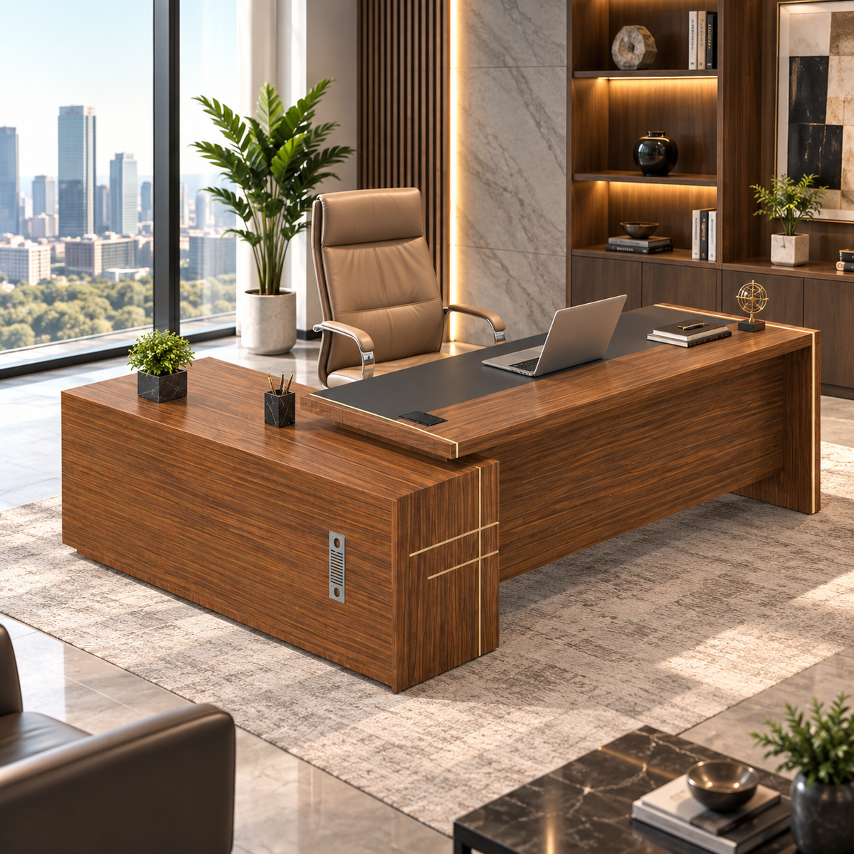 Modern Executive Director Office Table with Side Storage, Lockable Drawers & Premium Wooden Office Desk for CEO Cabin